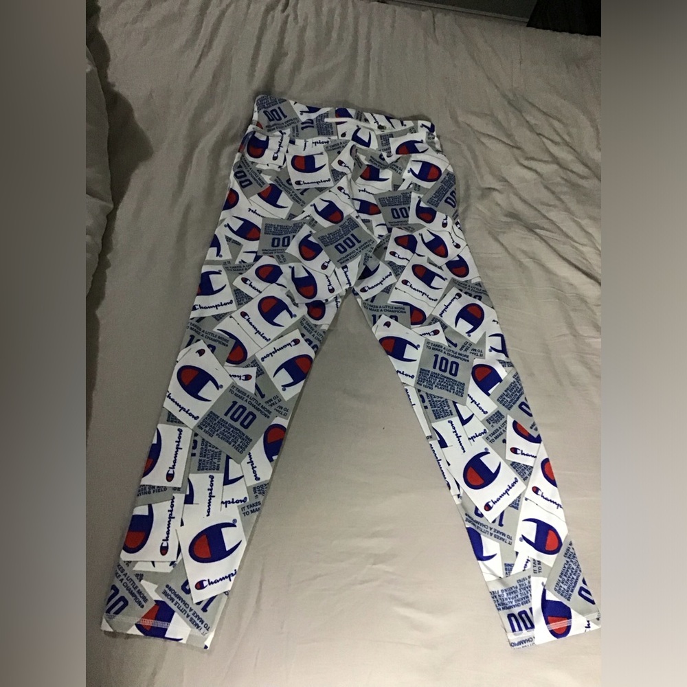 Champion White and Blue Logo Print Apparel leggings Sz M